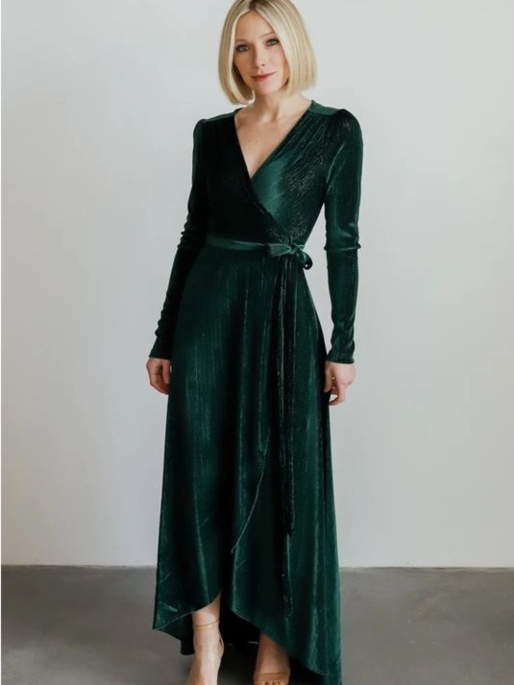 EUC Baltic Born Serena Shimmer Velvet Wrap Maxi Dress Metallic Forest Green - Picture 3 of 14